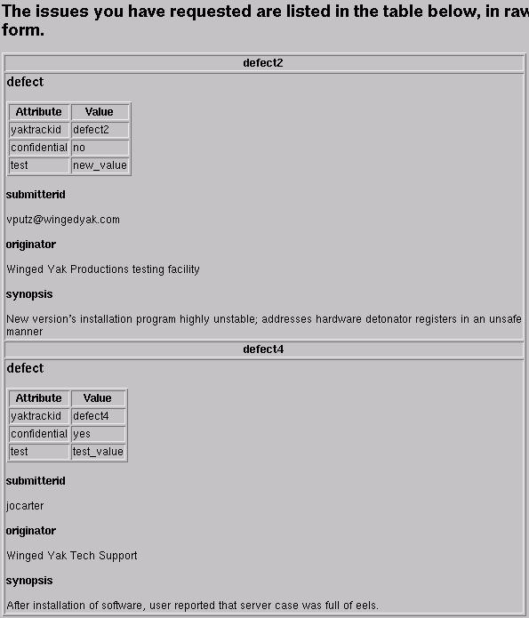 The results of the "list issues" cgi script